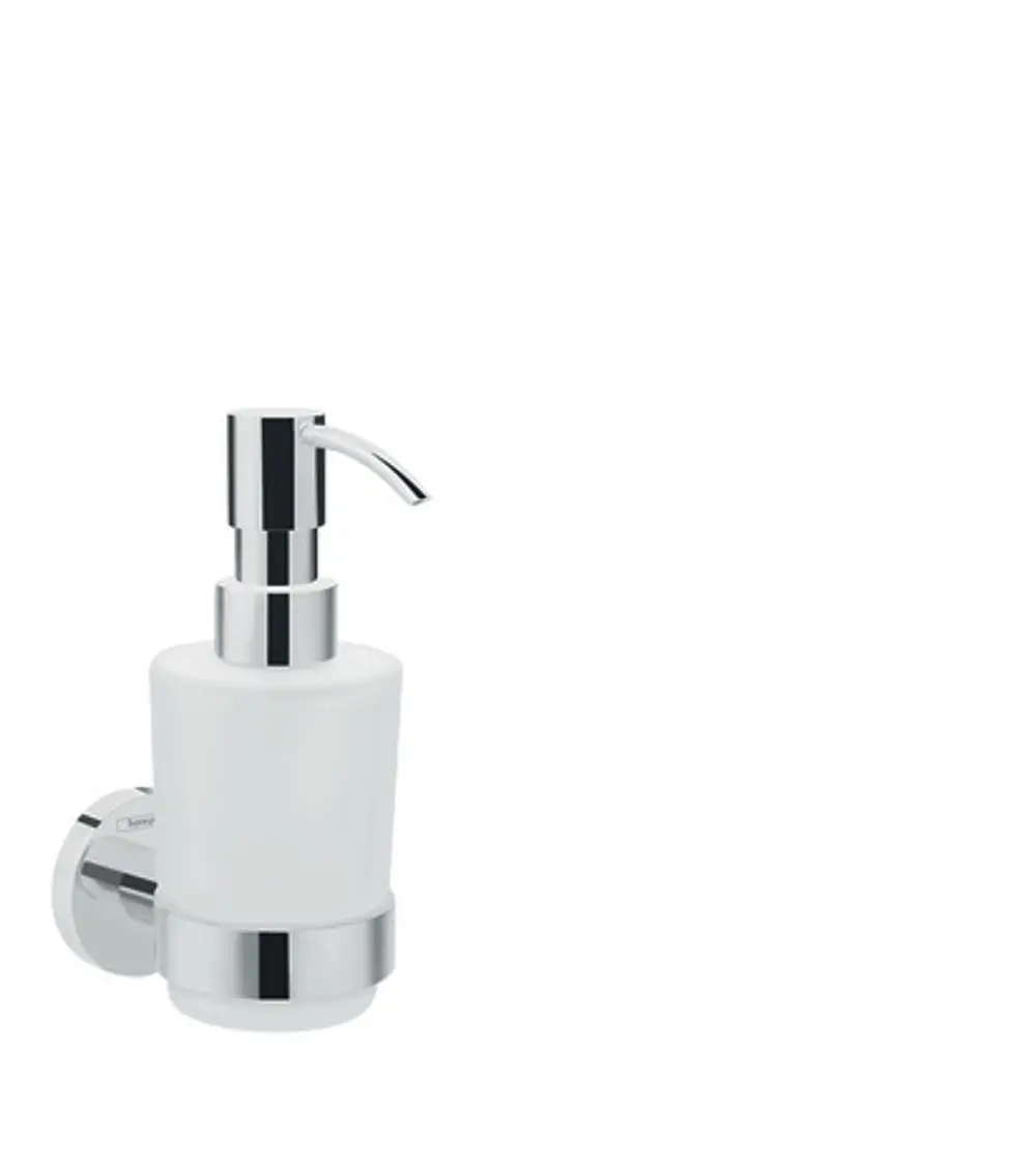 Hansgrohe Lotionenspender in Chrom-Optik. Der Spender hat eine weiße, runde Form und ist an der Wand befestigt. Er dient zur Dosierung von Flüssigkeiten.
